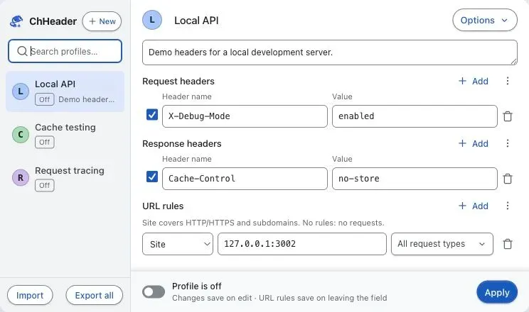 ChHeader with a disabled localhost profile and request and response headers.