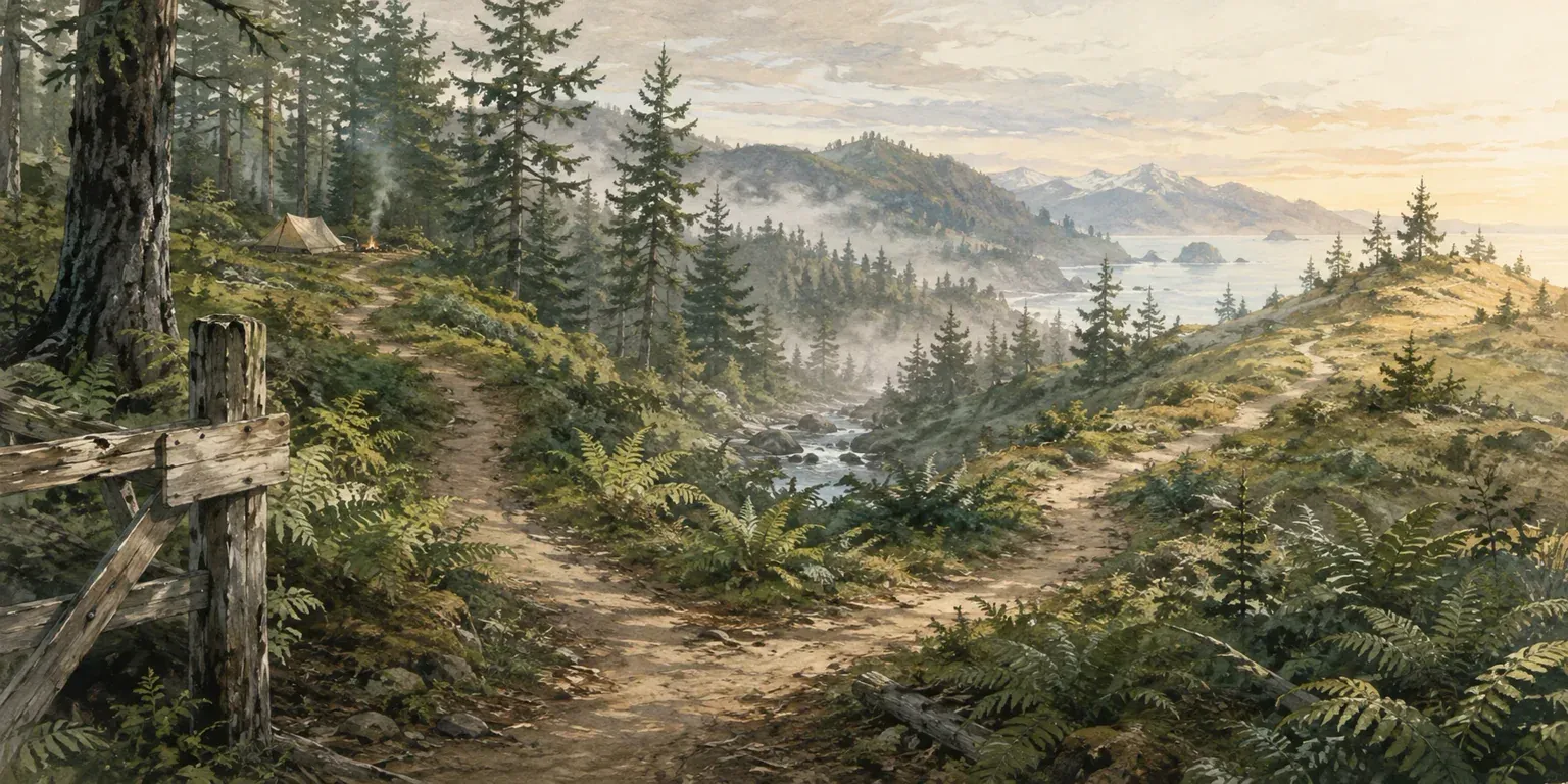 A forest trail beyond a weathered gate, splitting toward a campsite, creek, and open ridge