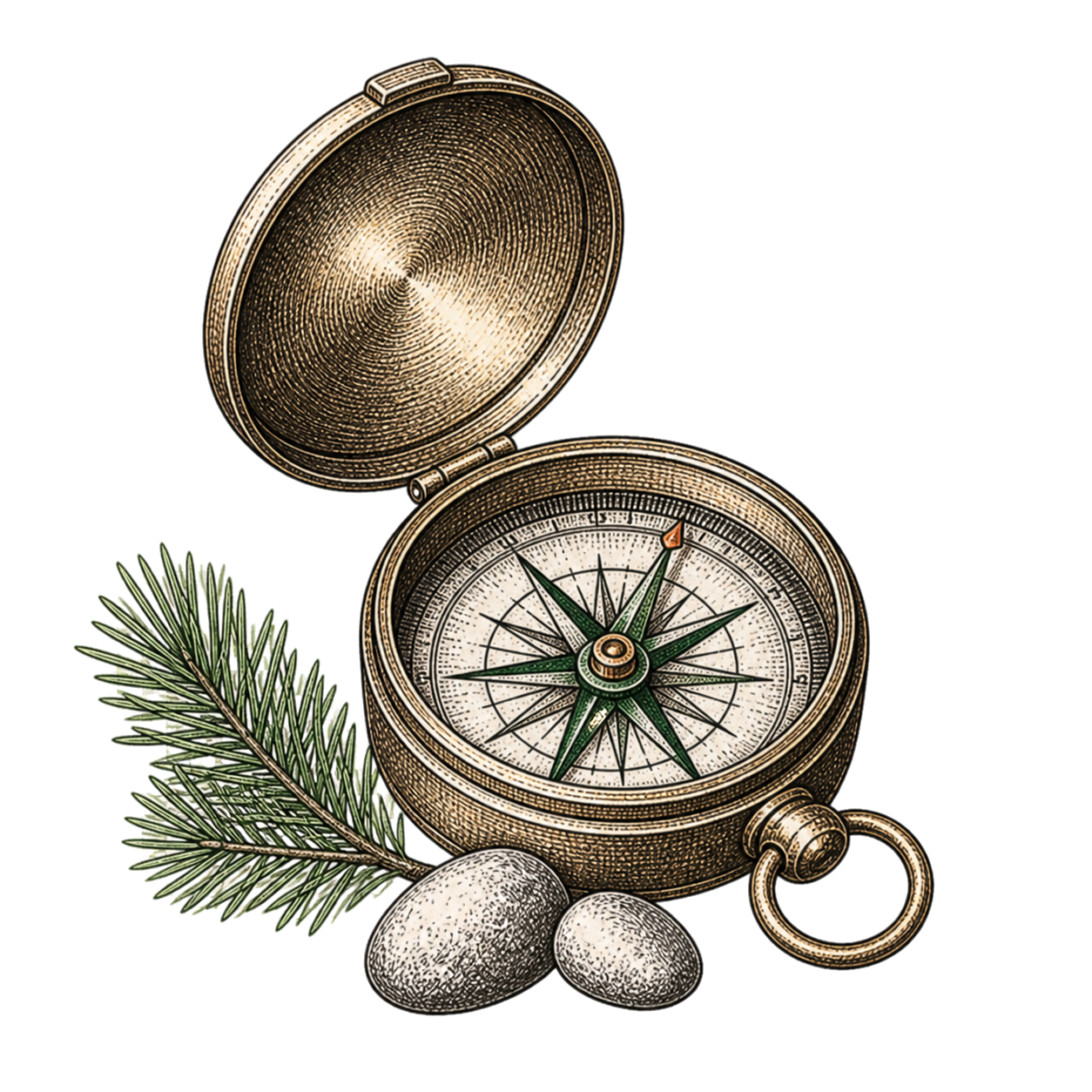 A field-guide drawing of a brass trail compass