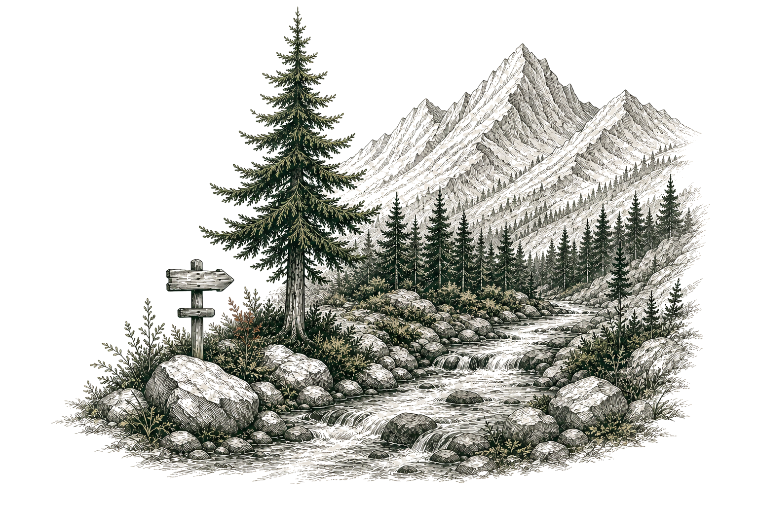 A field-guide drawing of a pine-lined mountain trail and signpost